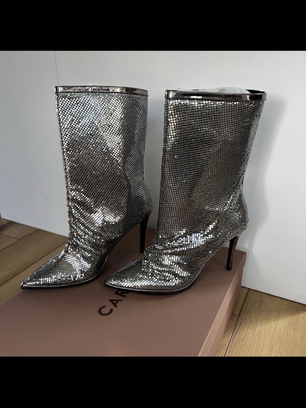 NEW Carvela Kurt Geiger Armour Boot US 9 EUR 40 Silver NYE Statement Heels